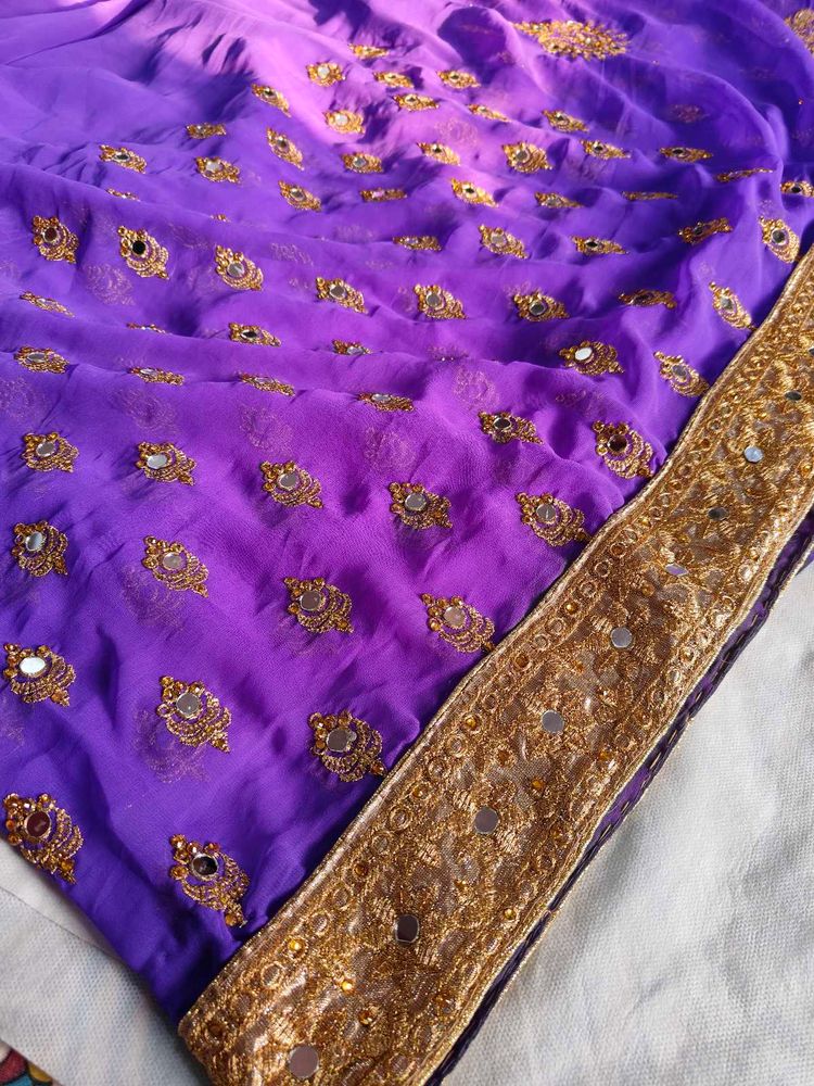 Beautiful Purple Saree With Mirror Work &amp; Blouse