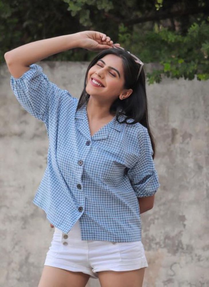 Women cotton checkered shirt sky blue