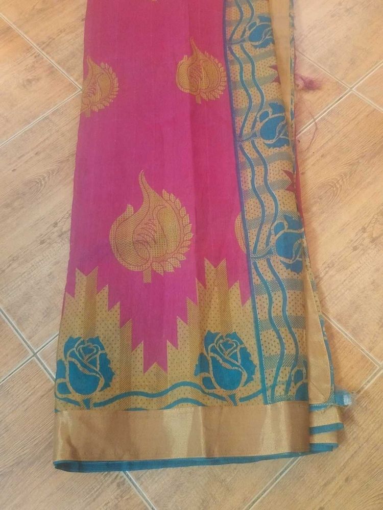 Pink &amp; Blue Floral Saree