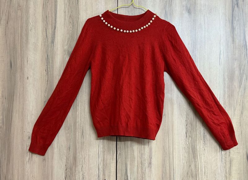 Rust Red Pearl Knit Sweater
