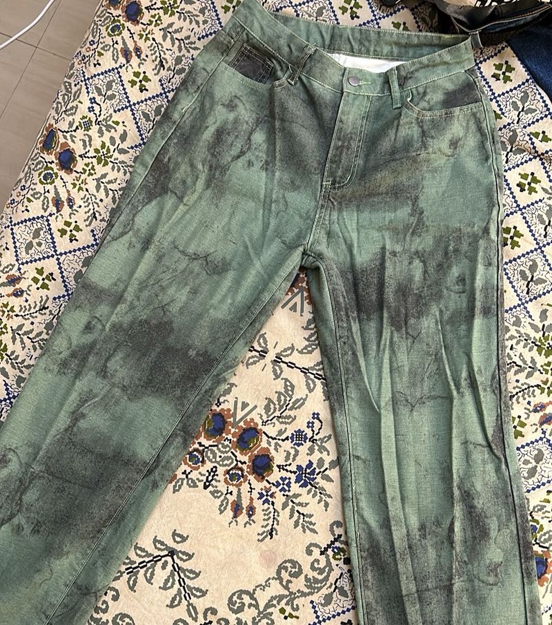 Urbanic Wash Print Green and Grey Denim Jeans
