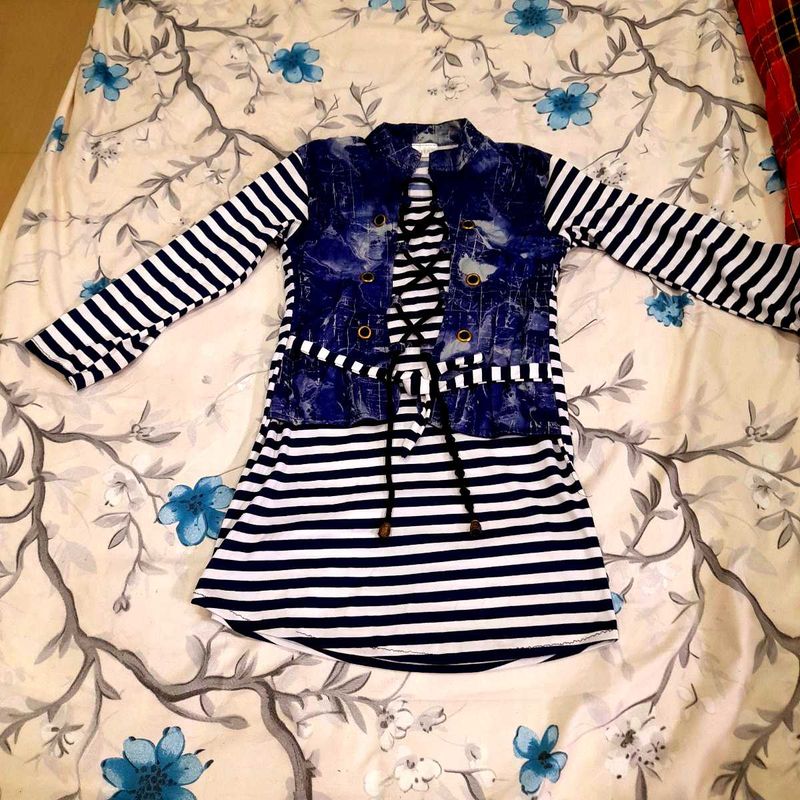 Striped Dress with Denim Vest