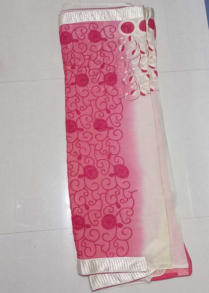 Elegant Pink &amp; Creme colour Embroidered Saree
