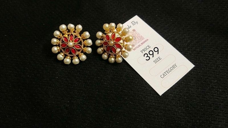 Pearl &amp; Red Flower Stud Earrings