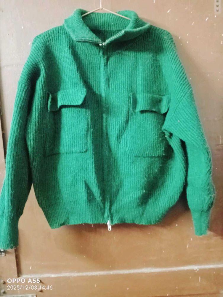 Green Knit Zip-Up Cardigan