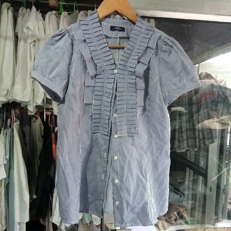 Striped Ruffle Placket Blouse