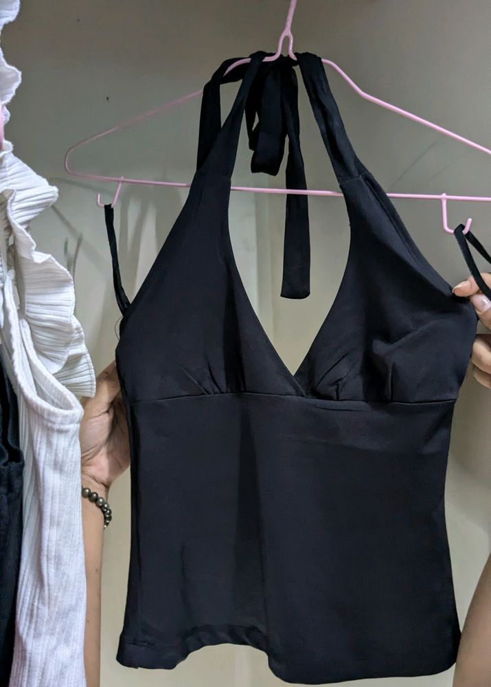 Black Tunic Top With Halter Neck