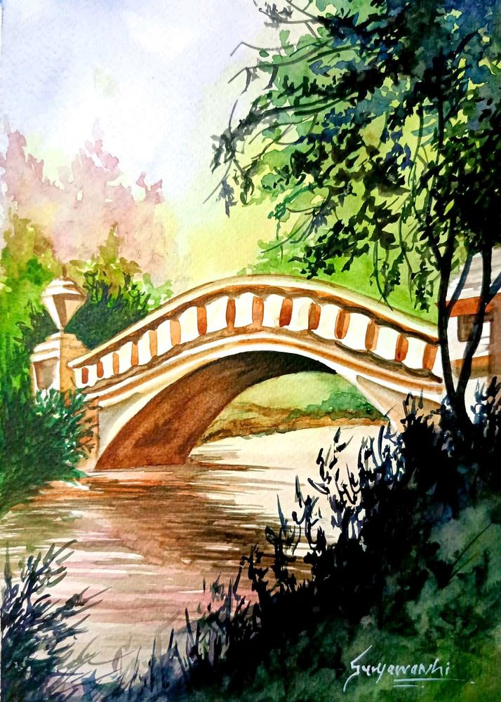 Original Watercolor Bridge Painting