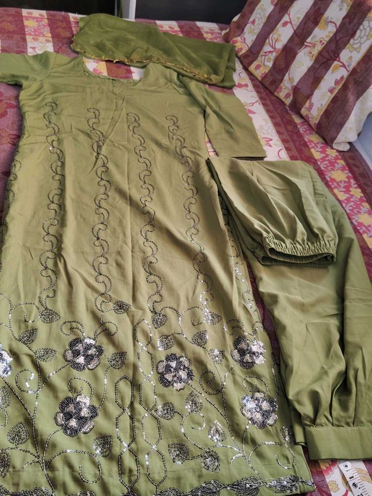 Green Embroidered  Afghani Kurta Set