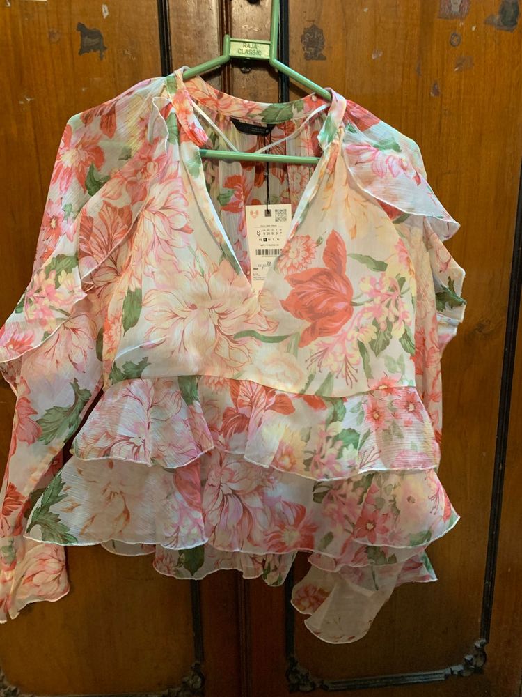 Zara Floral Ruffle Blouse