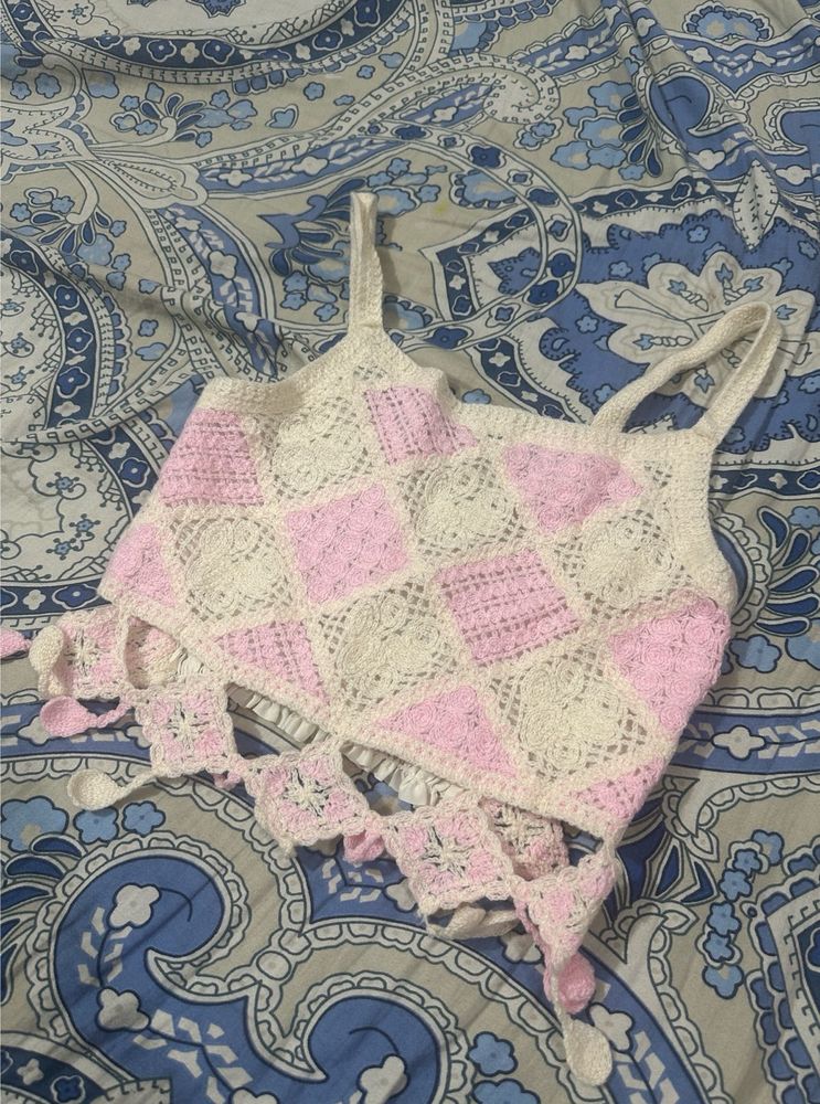 Crochet Pink &amp; White Top ( NEW)