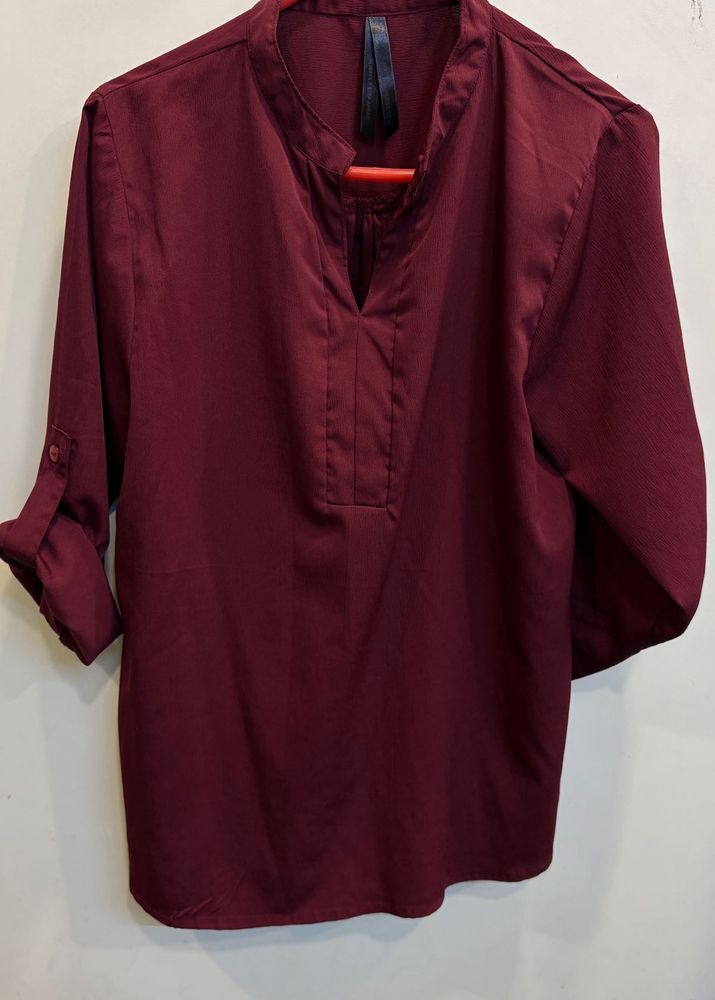 Maroon Roll-Up Sleeve Top