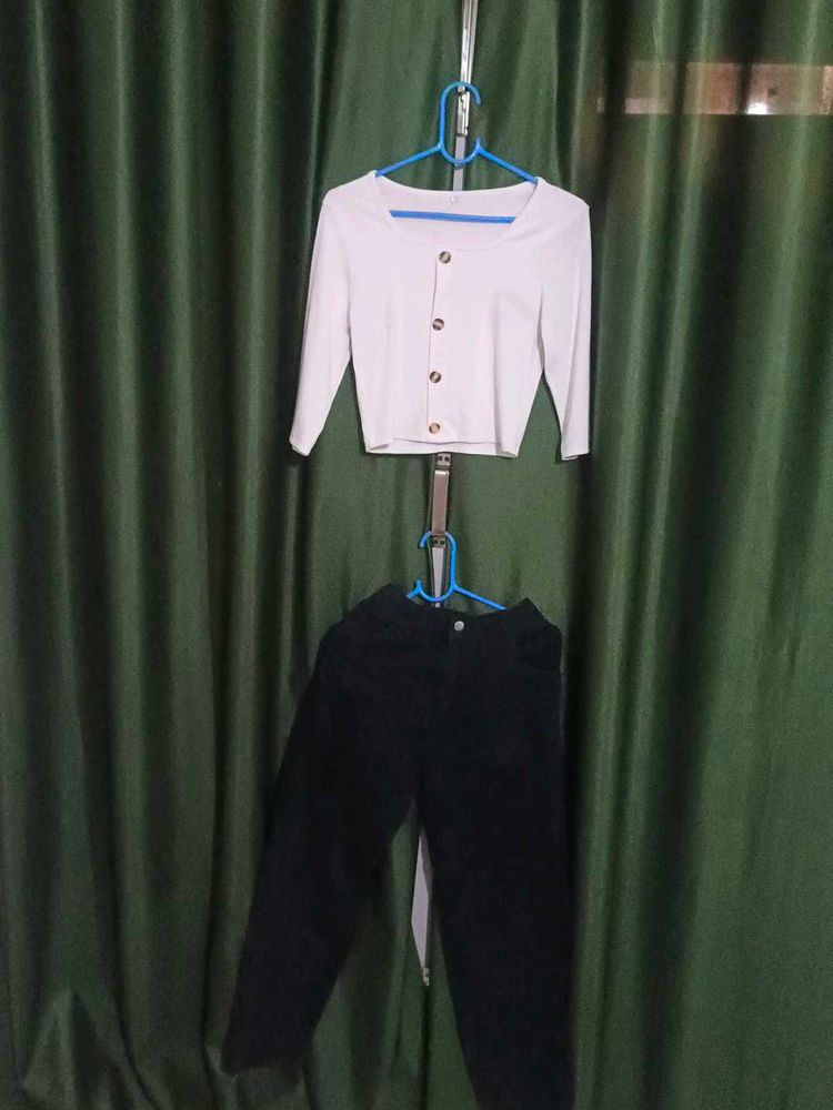 white top ripped straight jeans