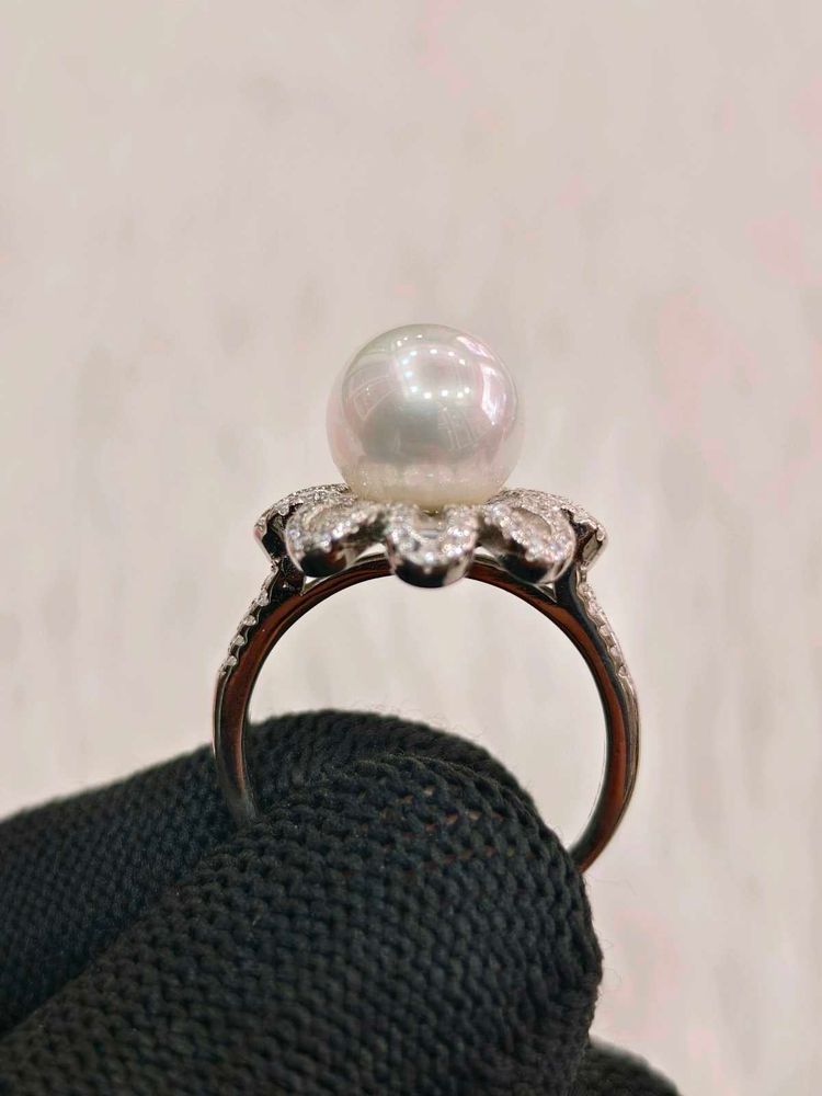 Pearl &amp; Diamond Ring 925 Sterling Silver