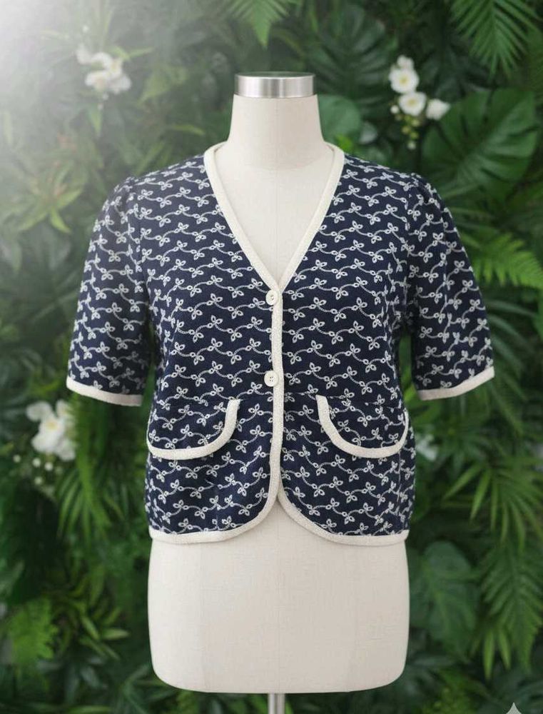 Navy Patterned Cropped Cardigan