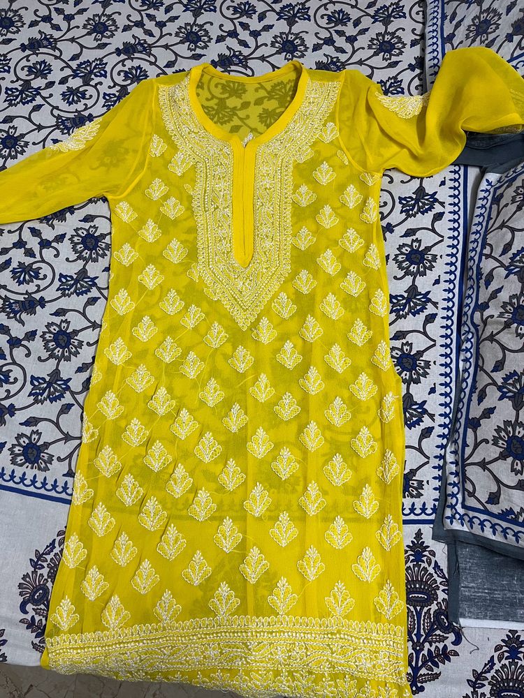 Women chiffon Chikankari Yellow Kurta