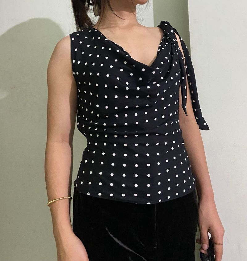 Polka Dot Tie-Shoulder Top