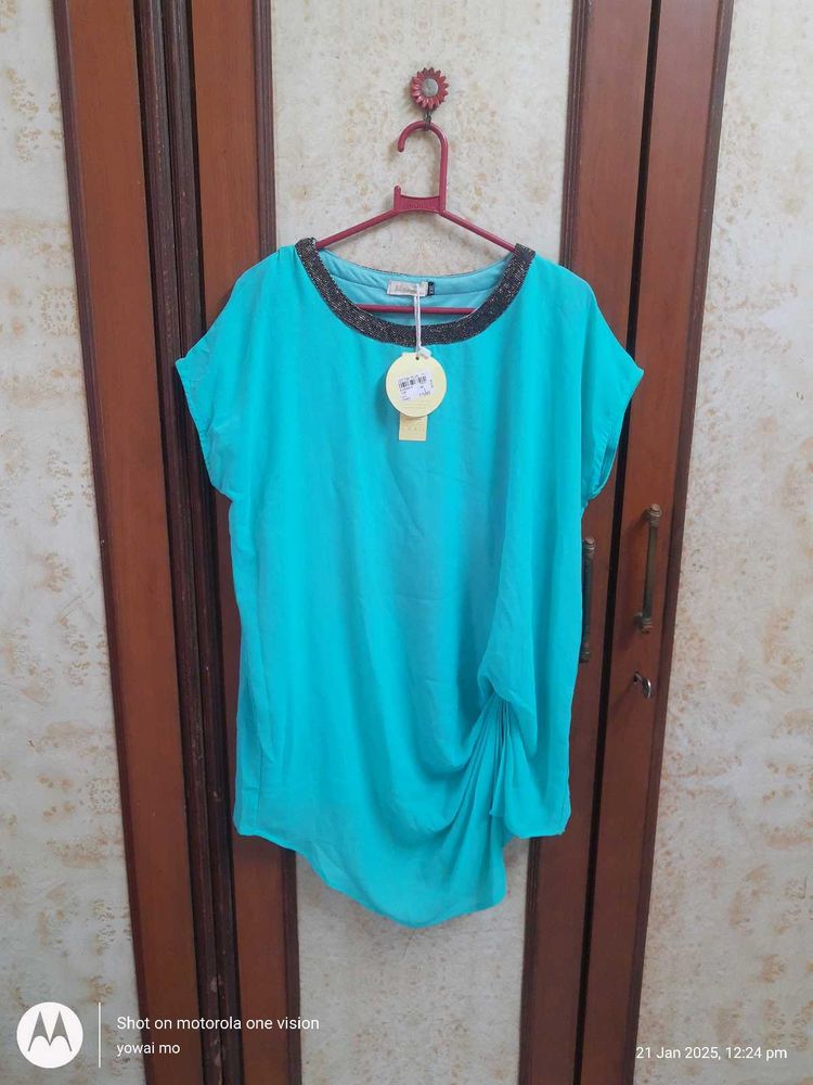 Teal Blouse with Embellished Neckline