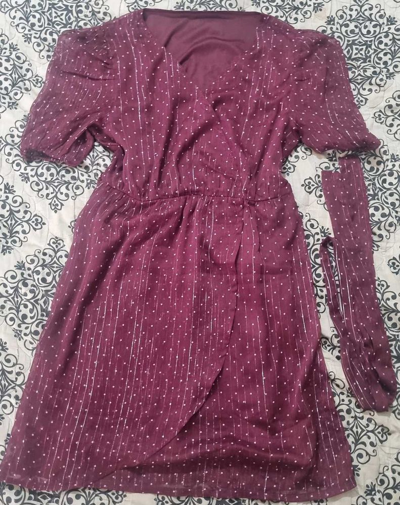 Elegant Burgundy Dotted Wrap Dress
