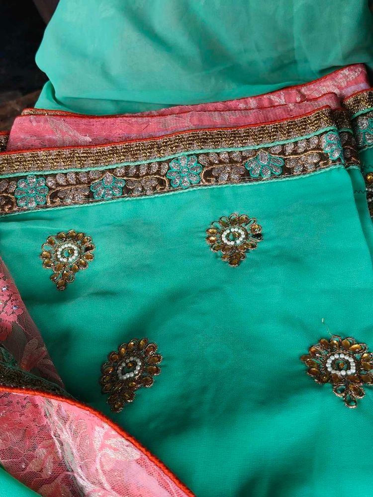 Teal &amp;green Embroidered Saree