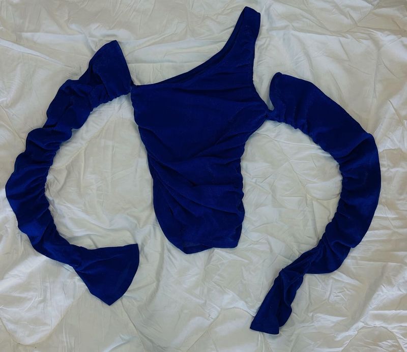 Blue Ruched Sleeve Top