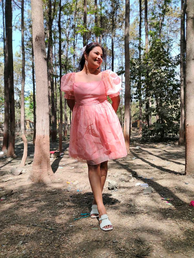 Women Peach Colour Puff Sleeve Mini Dress