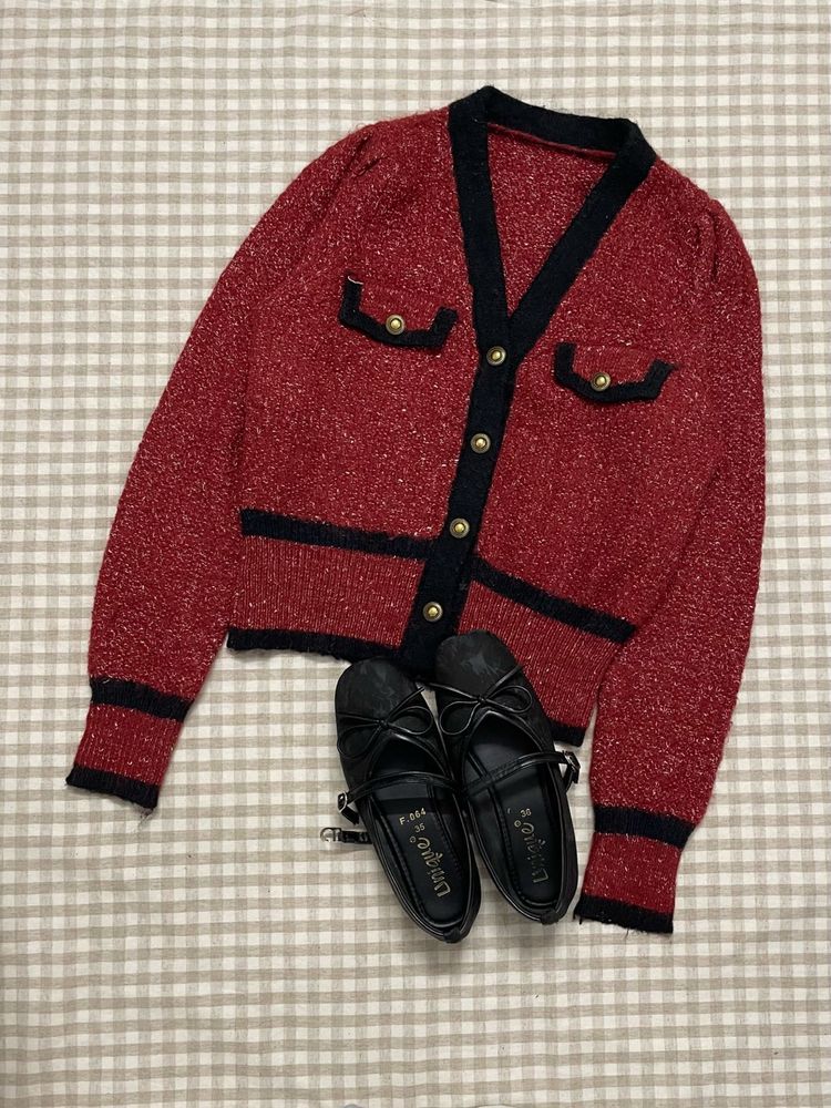Red Knit Cardigan with Black Trim