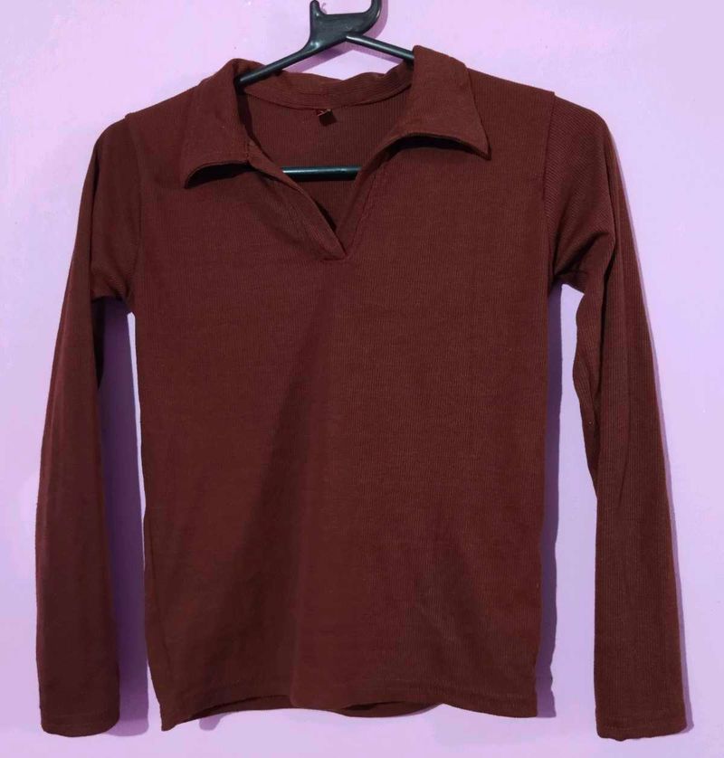 Brown Long Sleeve Polo Top