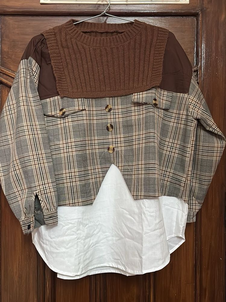 Layered Plaid &amp; Knit Top