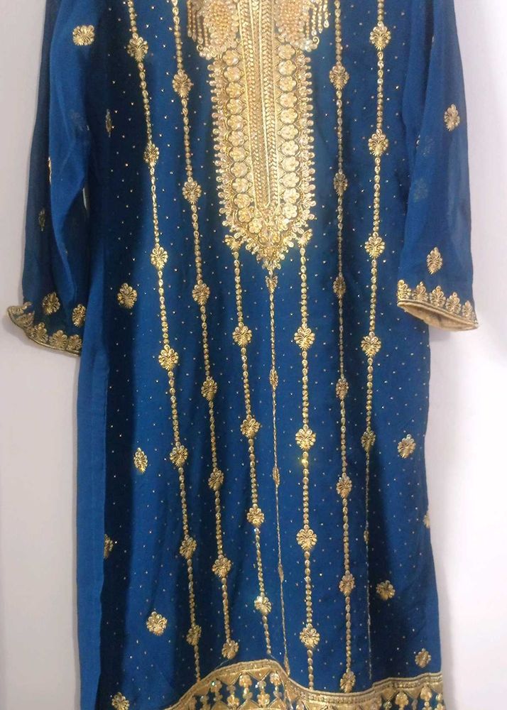 Elegant Blue &amp; Gold Kurta Sharara