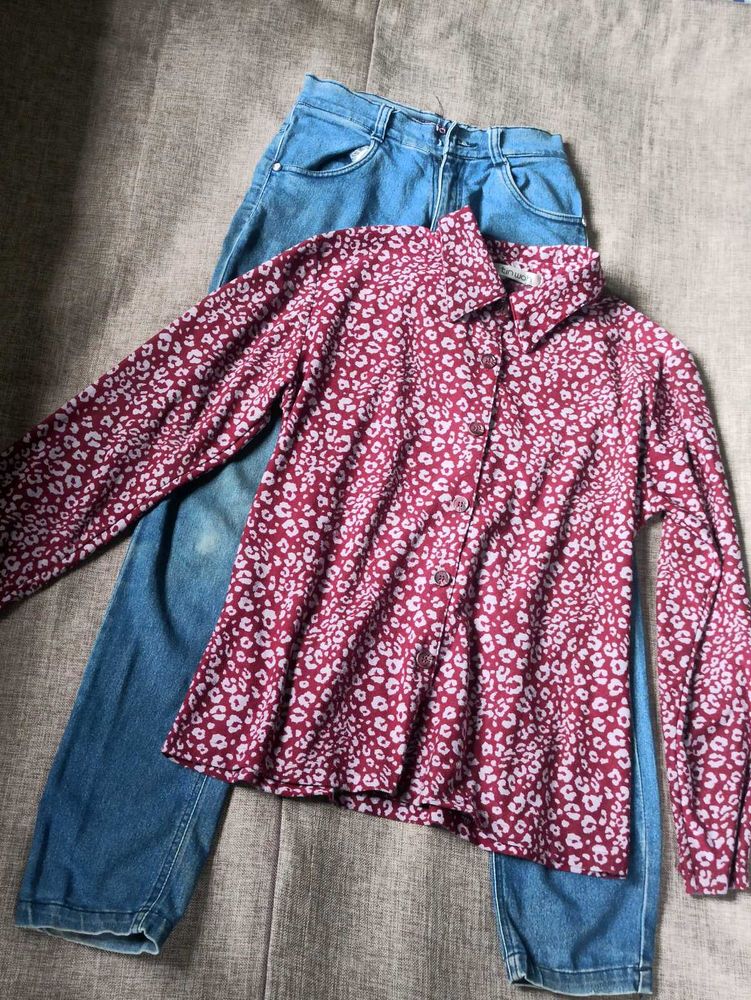 purple printed shirt and denim jean combo