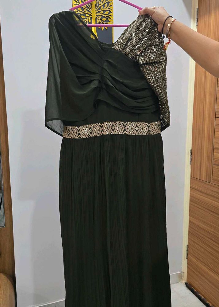 One-Shoulder Olive Green Gown