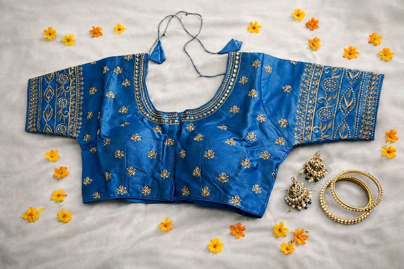Aqual Blue Embroidered Readymade Blouse