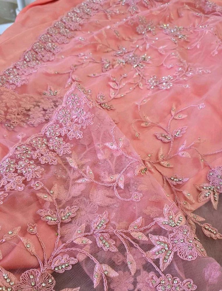 Stone Studded Pink Floral Embroidered Saree