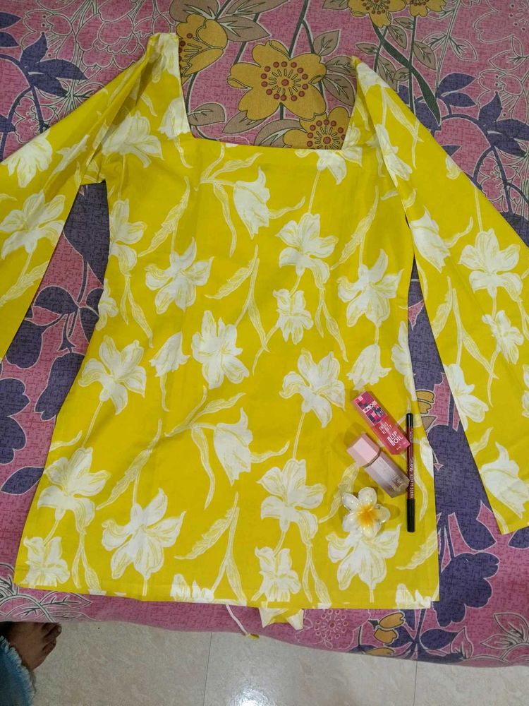 Yellow Floral Print Kurti with back corset