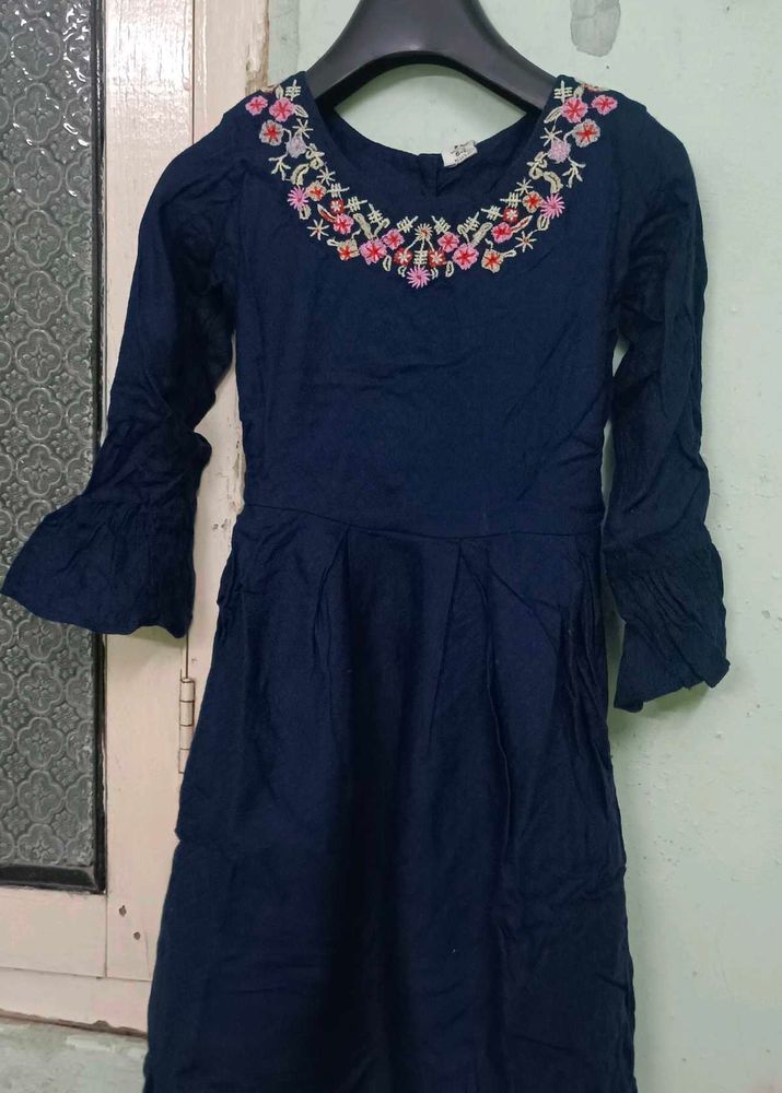 Navy Embroidered Girls&#39; Dress