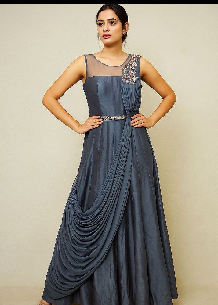 Stunning Metallic Blue Grey Drape Gown- Belt