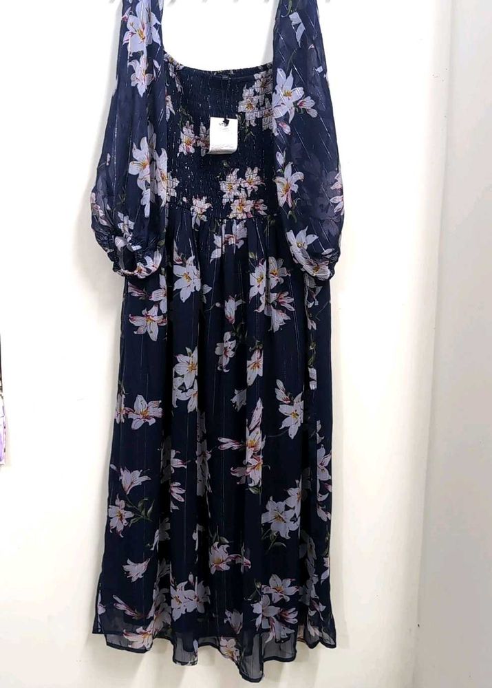 Indigo Floral Print Midi Dress