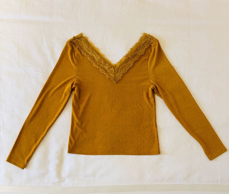 Mustard Lace Trim Long Sleeve Top