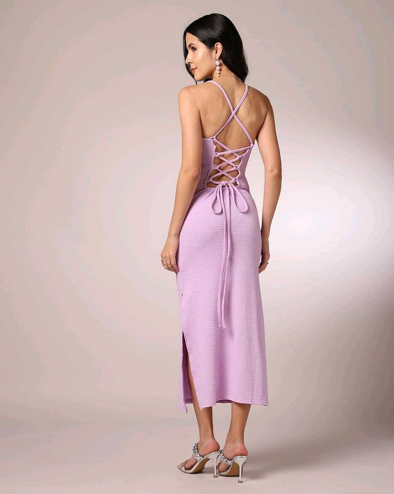 Spaghetti Strap Back Lace-Up Midi Split Dress