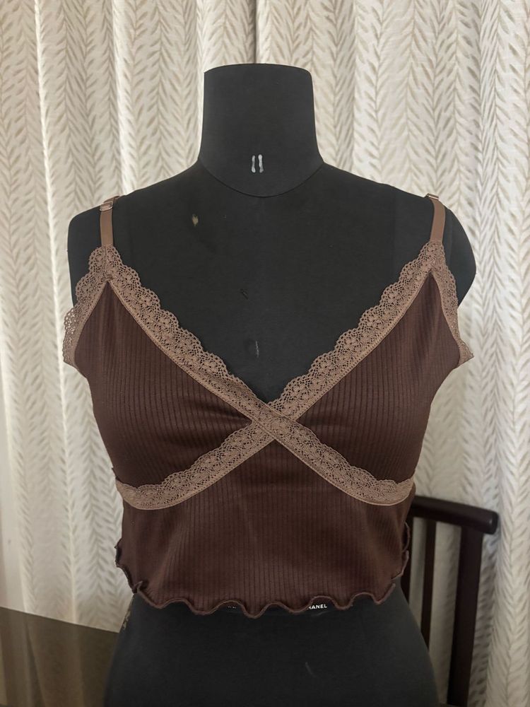 Brown Lace Trim Cami Top