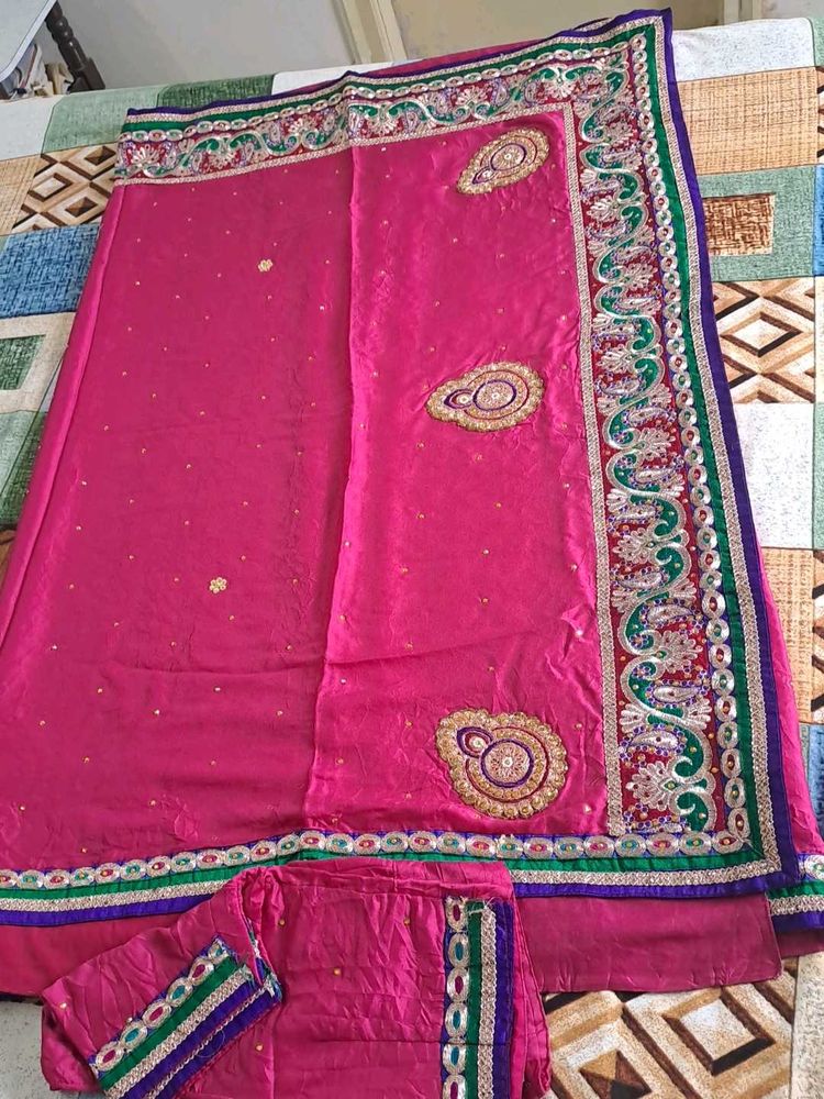 PINK COLOUR HEAVY EMBROIDERY AND STONE WORK SAREE