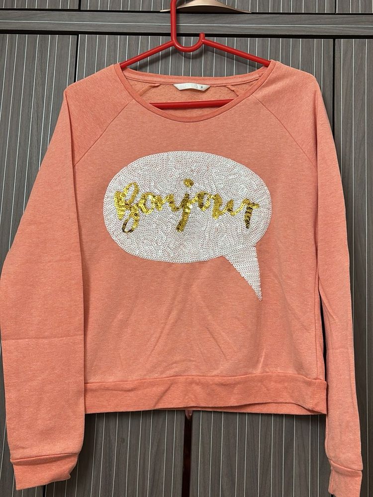 Peach 'Bonjour' Sequin Sweatshirt