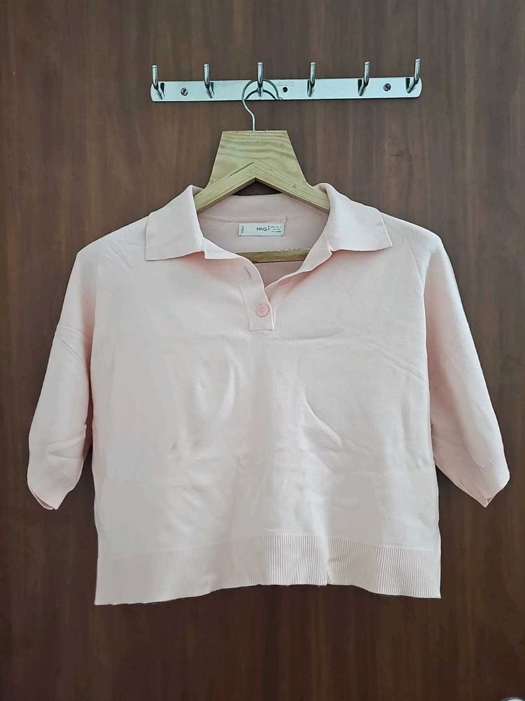 MANGO Peach Knit Polo Top