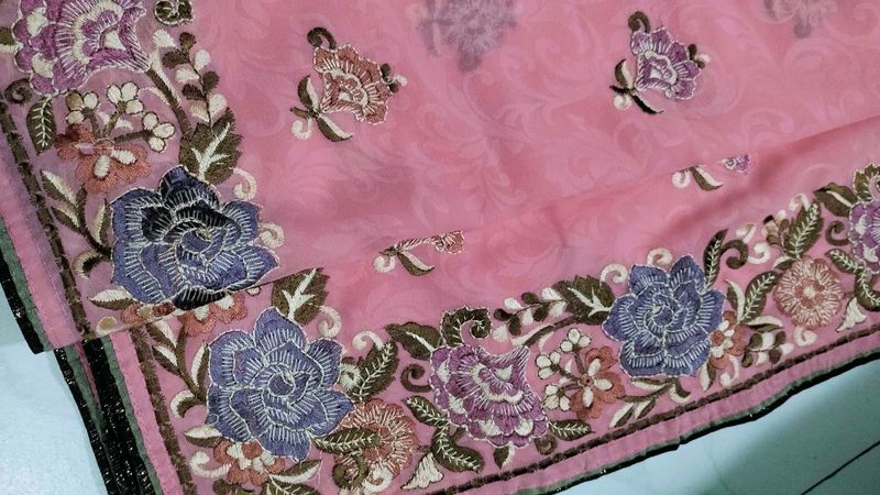 Pink Floral Embroidered Saree