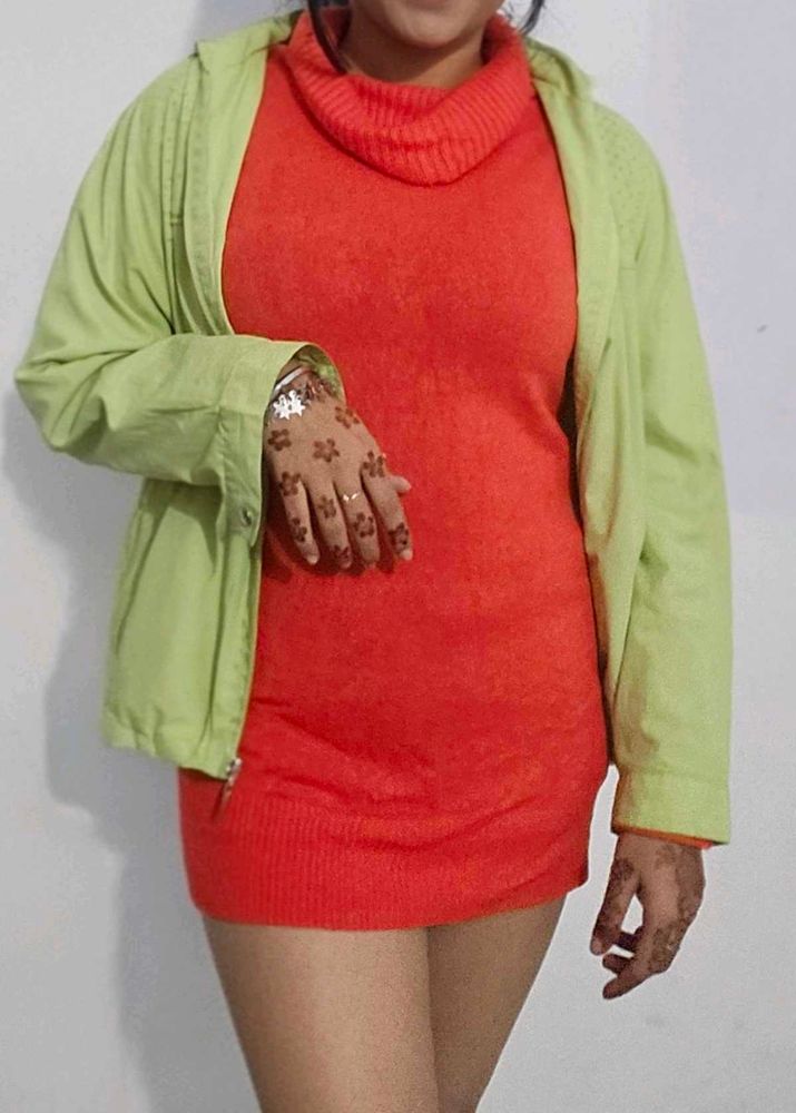 Orange Knit Mini Dress with lime green jacket