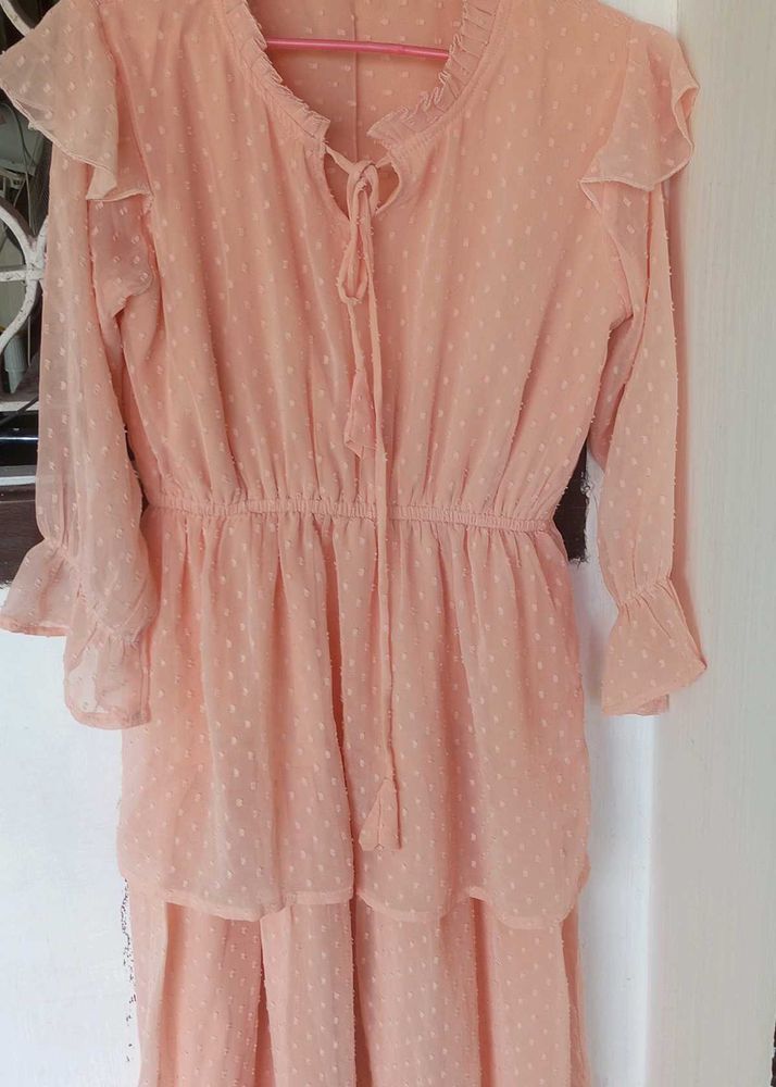Peach Swiss Dot Ruffle Dress