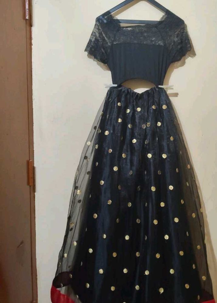 Black &amp; Gold Polka Dot Party Dress Ethnic Lehenga