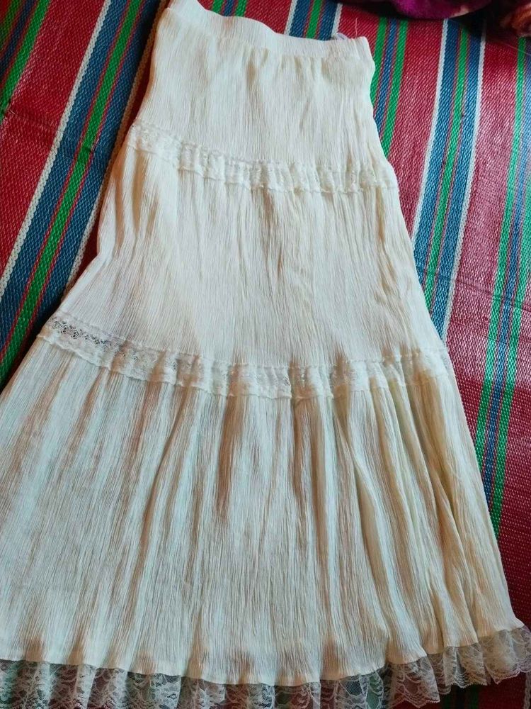 Cream Tiered Lace Trim Skirt