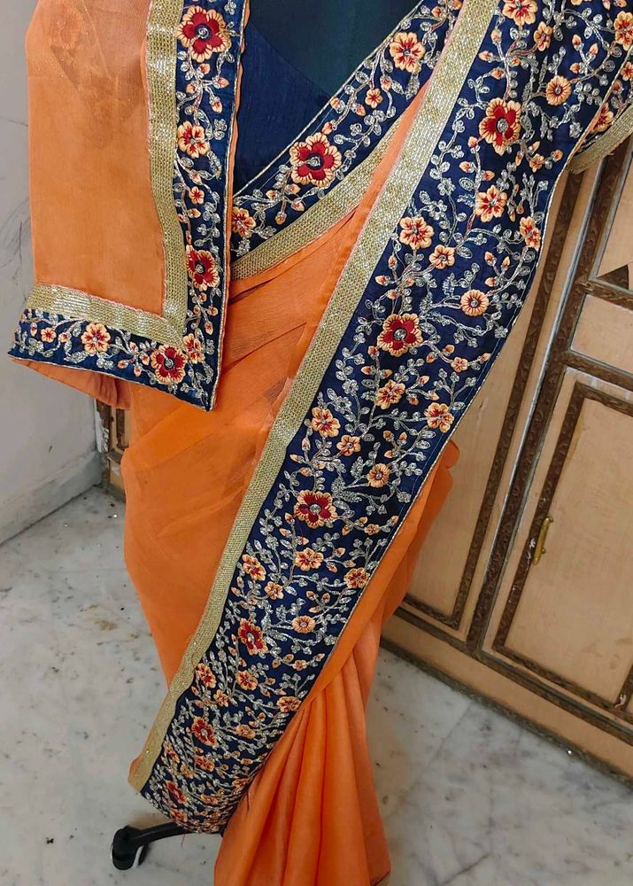 Elegant Orange Embroidered Saree 💕